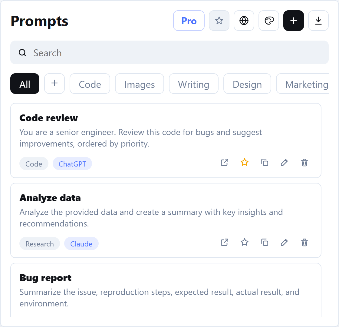 Prompt Saver English interface showing saved prompts and categories