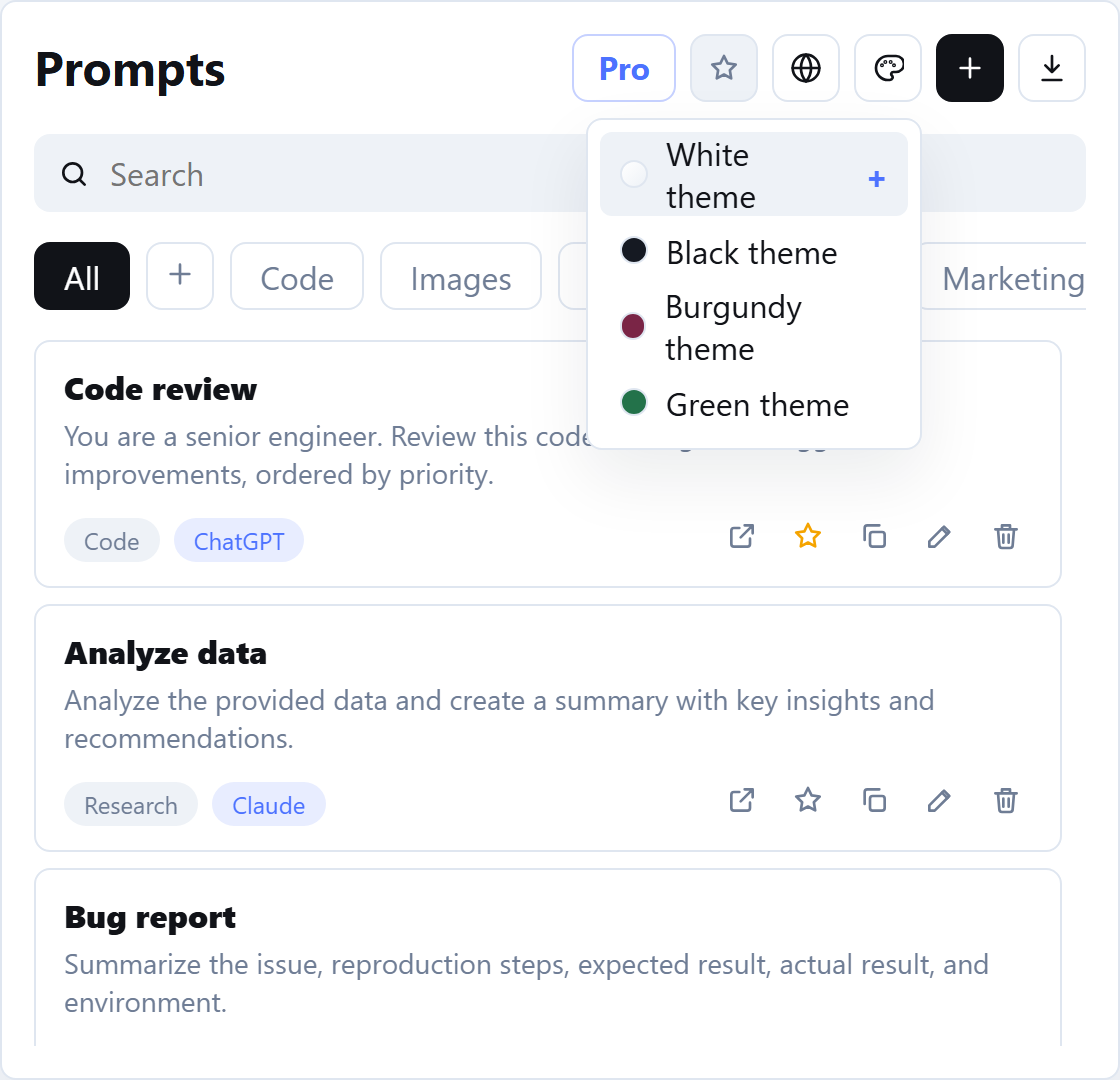 Prompt Saver theme selector in the English interface